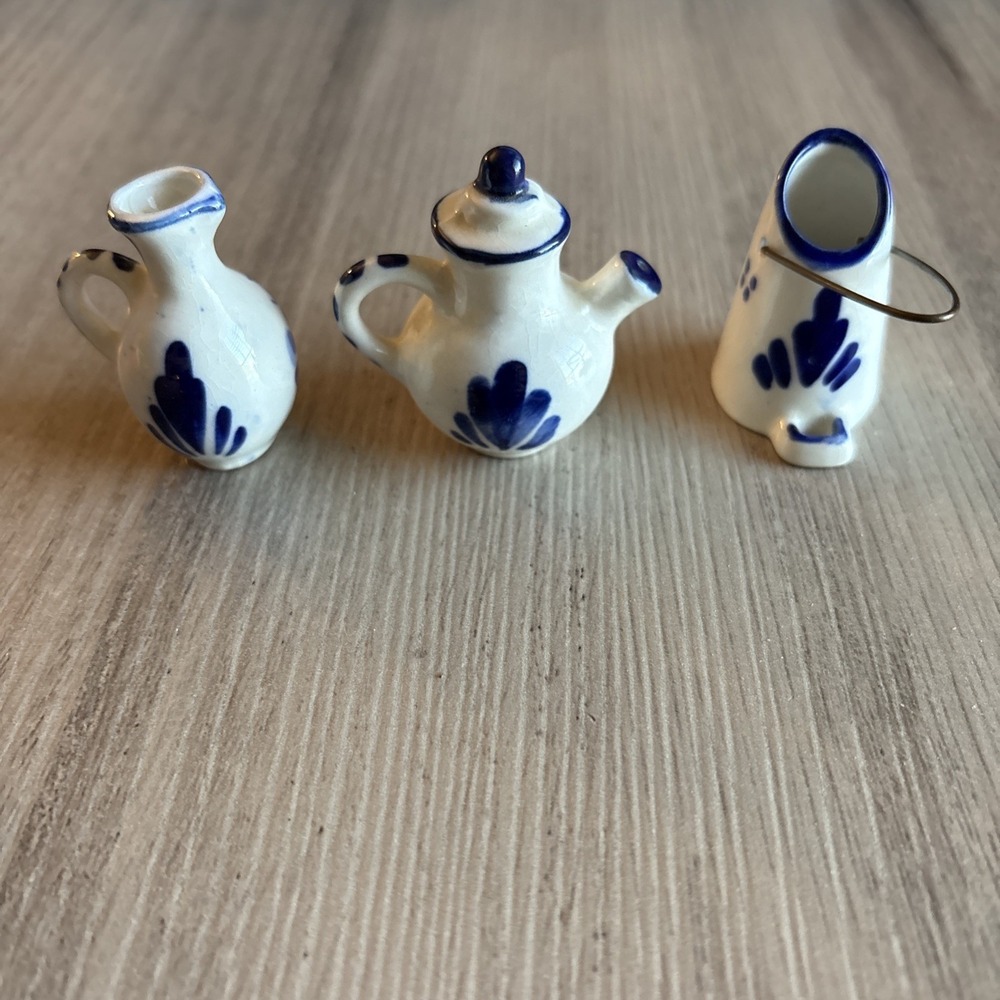 VTG Delft Blue Hand Painted Miniature Teapot Pitcher Pail Lot Set Windmill